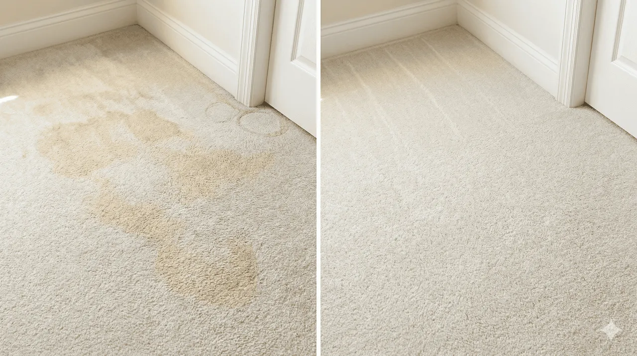 Before and after photo of a master bedroom carpet treated for cat urine — A OK Quick-Dry pet urine removal