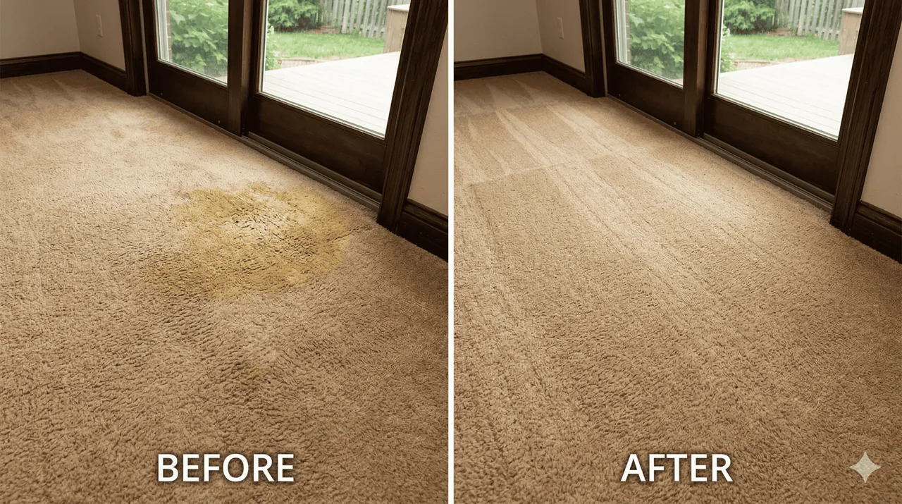 Before and after photo of a living room carpet treated for large-dog urine accidents — A OK Quick-Dry pet urine removal