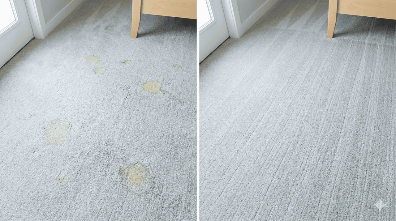 Before and after photo of a bedroom carpet from a multi-cat household — A OK Quick-Dry pet urine removal