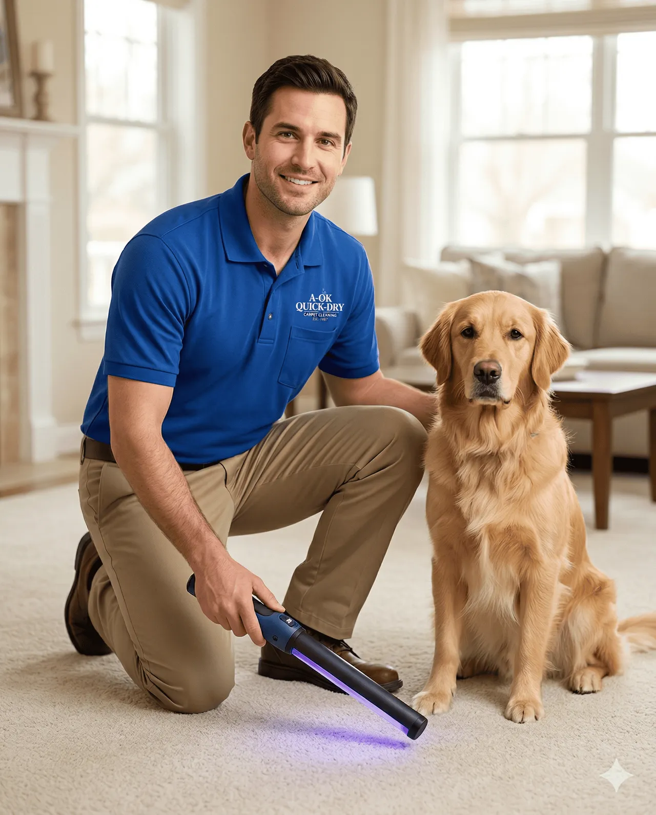 AOK Quick Dry technician using a UV blacklight to inspect carpet for pet urine in a Park Ridge, IL home