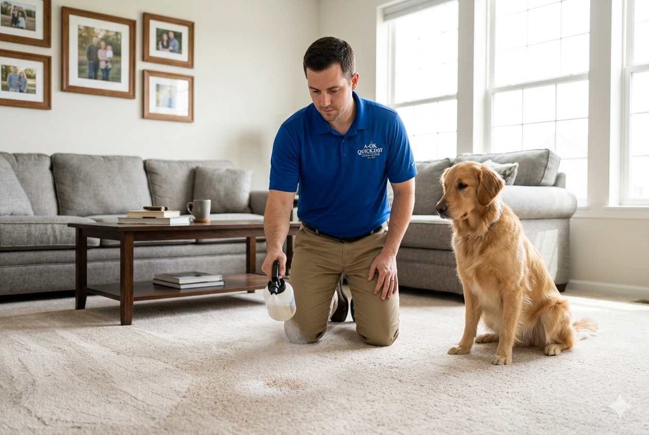 A OK Quick-Dry technician treating a pet urine spot on carpet with a dog nearby