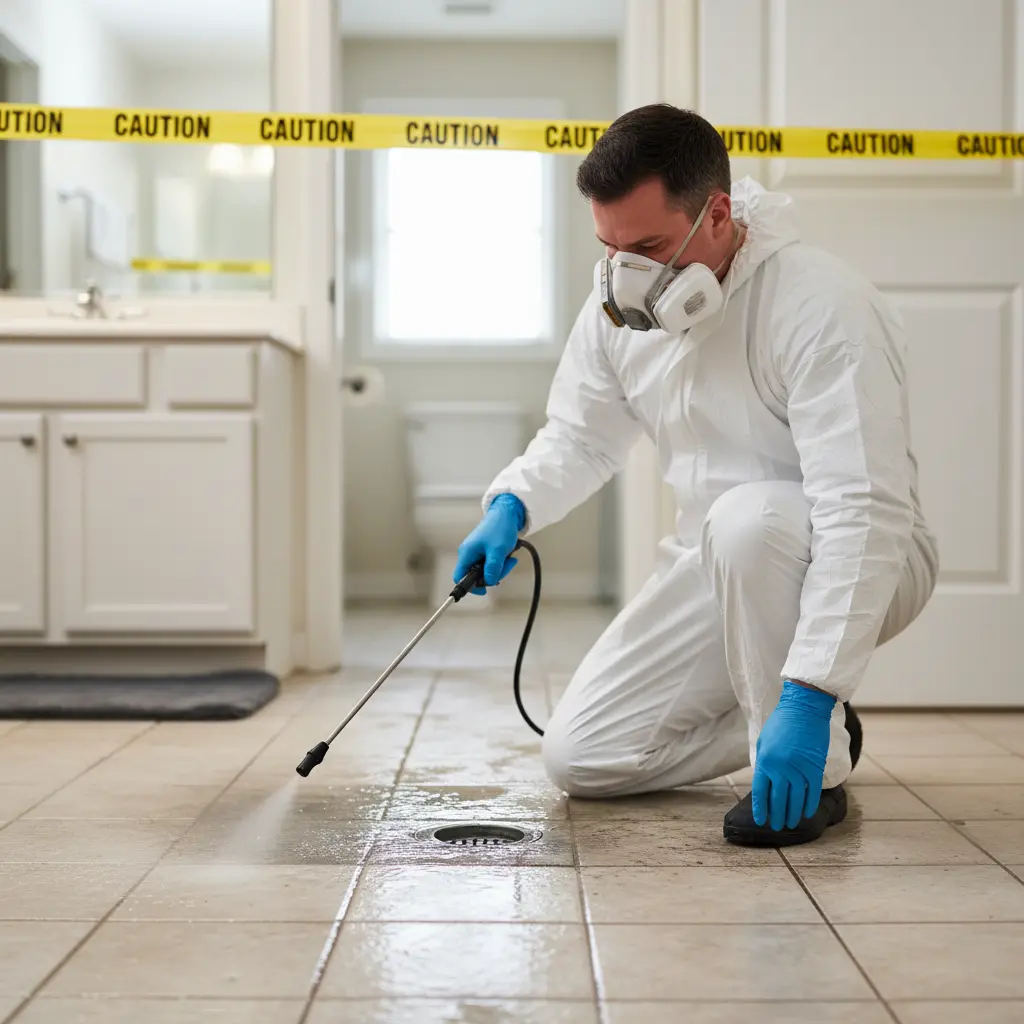 Technician in protective gear performing sewage backup cleanup in a northern Illinois basement
