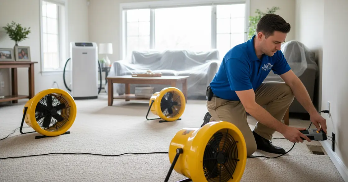 Commercial dehumidifiers and air movers drying a water-damaged room in a northern Illinois home