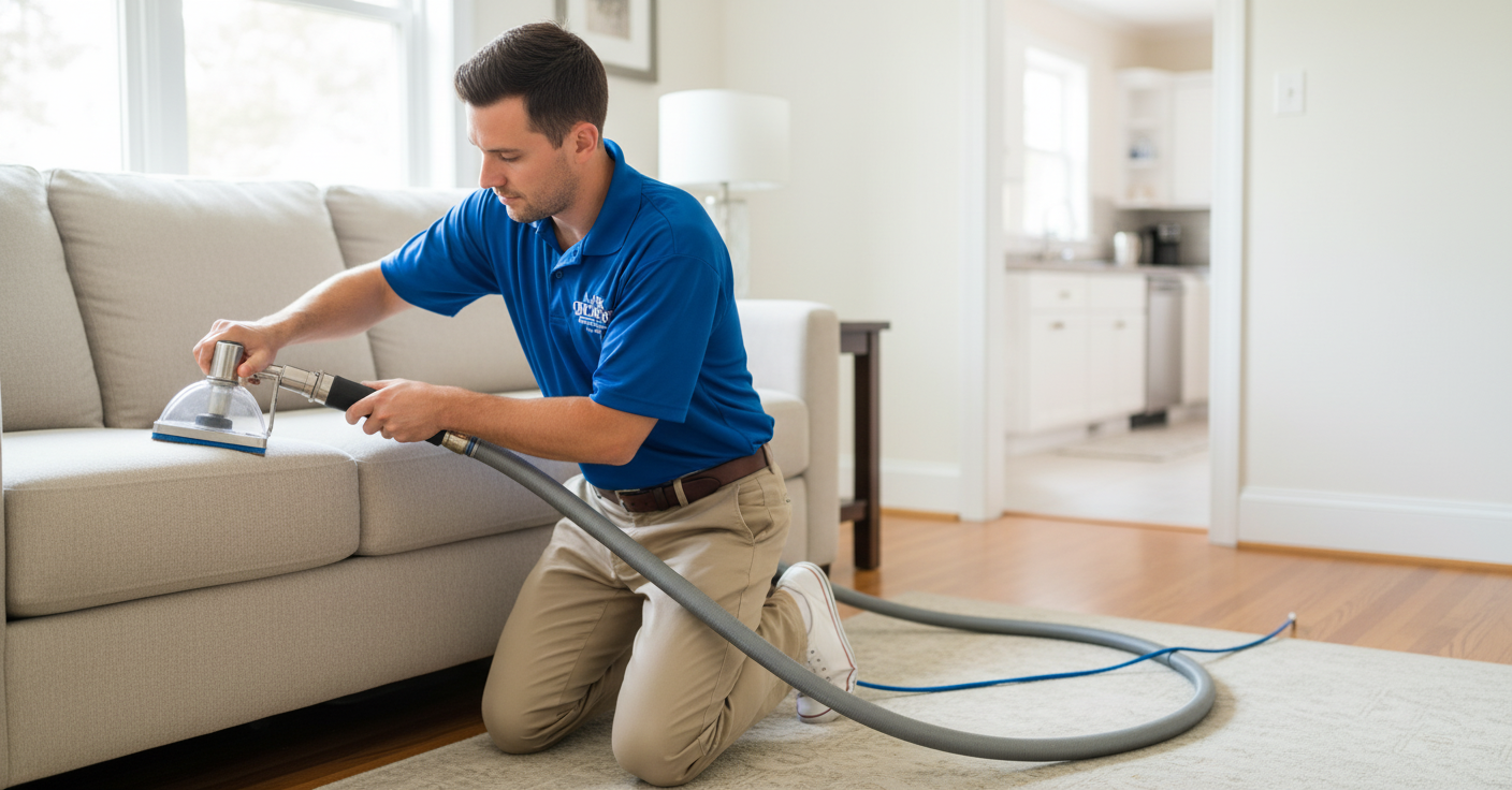 A OK Quick-Dry technician cleaning a fabric sofa in a Deerfield, IL home